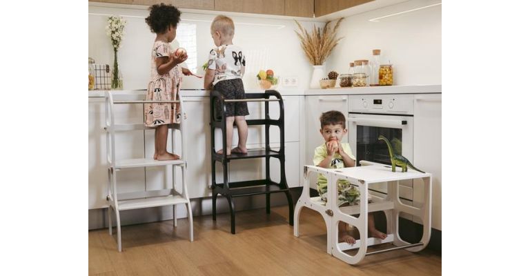 Outlet Ette Tete Leertoren Step'n Sit - Inklapbaar tot tafel en stoel - Naturel met zilver clips